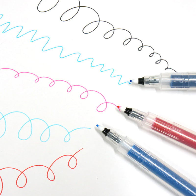 Kuretake Karappo Empty Felt Tip 5 Pen Set (Fine) displayed with blue, pink/red, black curly scribbles, showcasing the markers' precise brush tips.