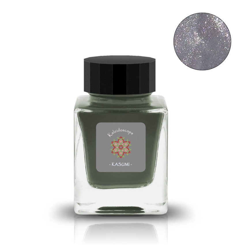 Kaleidoscope Kasumi - Limited Edition Shimmer 30ml fountain pen ink by Tono & Lims, featuring muted olive-gray with silvery shimmer. Square 30ml glass bottle.