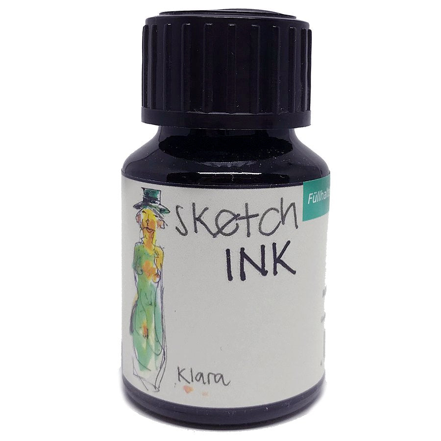 SketchINK - Klara (2ml) bottle featuring a Füllhalter logo and a watercolor sketch of a woman in green on the label.