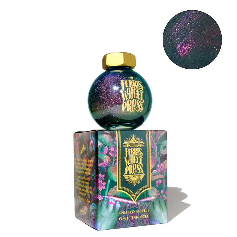Ferris Wheel Press The Wild Swans - Knitted Nettle fountain pen ink, 85ml, in a glass bottle with gold cap, showcases deep green ink with purple shimmer.