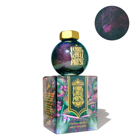 Ferris Wheel Press The Wild Swans - Knitted Nettle fountain pen ink, 85ml, in a glass bottle with gold cap, showcases deep green ink with purple shimmer.