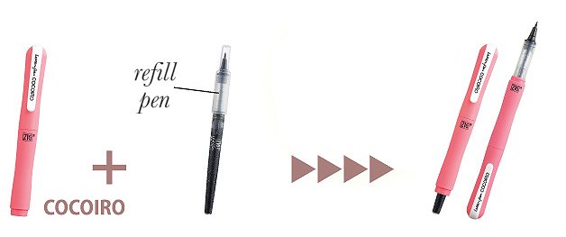 ZIG Letter pen COCOIRO - Hedgehog 2 - Black, showing pink body sleeve and refillable ink cartridge assembly, with flexible felt tip for varied line widths.