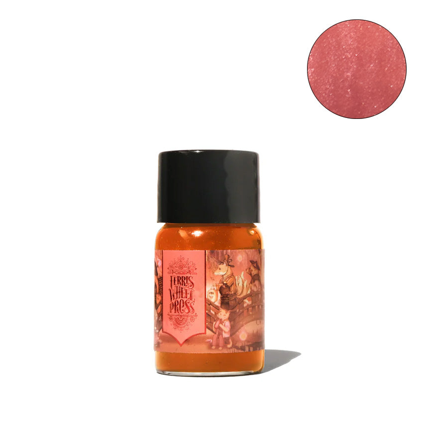 Ferris Wheel Press Bestiary Series - Lantern Crossing (Shimmer) - 10ml fountain pen ink in a 30ml glass bottle, featuring bright orange–copper shimmer and a glossy black cap.