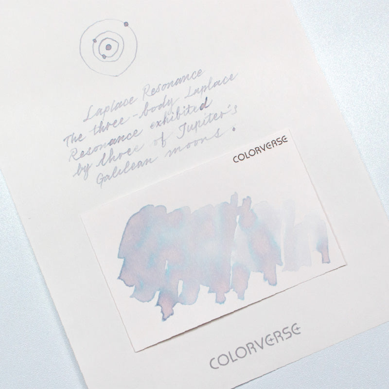 Colorverse Laplace Resonance & Loki Patera fountain pen ink set, featuring pastel blue/purple ink swatch with orbital diagram, includes 65ml and 15ml bottles, swatch cards, and brochure.