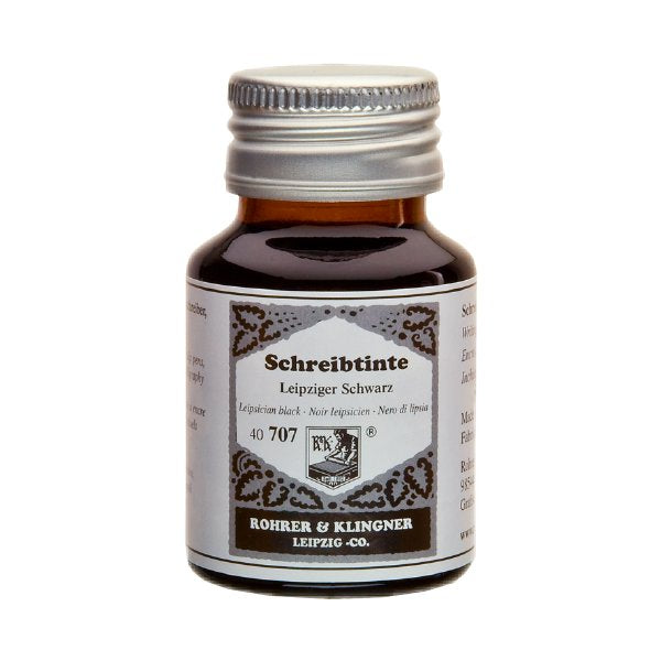Leipziger Schwarz - 50ml fountain-pen ink in a small glass bottle, labeled “Schreibtinte Leipziger Schwarz” by Rohrer & Klingner, known for handcrafted, quality dye-based inks.