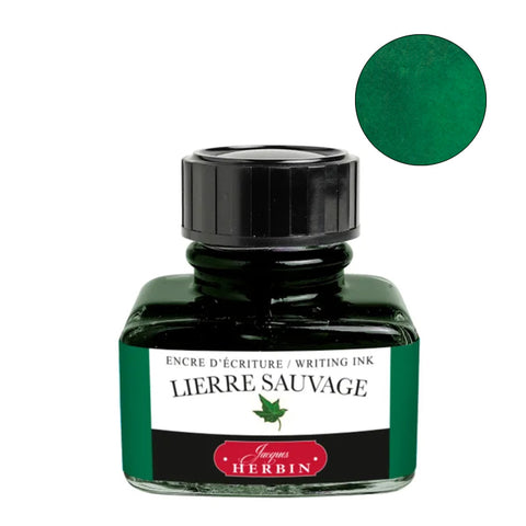 Jacques Herbin Lierre Sauvage fountain pen ink, 30ml, in a square glass bottle with black screw-top lid, deep green dye-based ink.