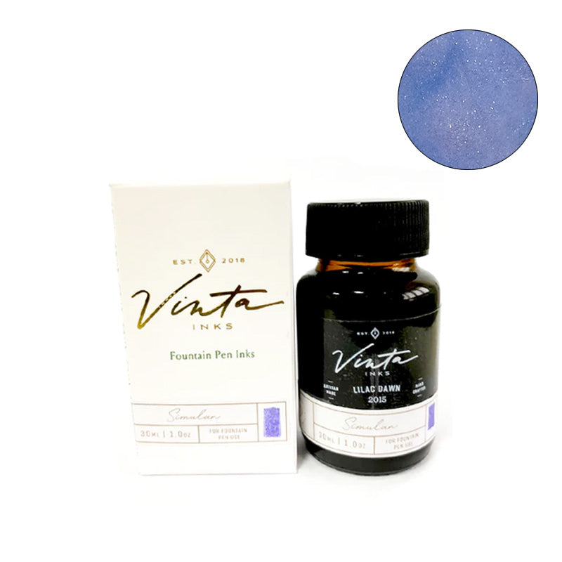 Vinta Inks' Lilac Dawn (Simulan 2015) - 30ml fountain pen ink, in box with a swatch of shimmering lilac violet ink, showcases elegance and craftsmanship.
