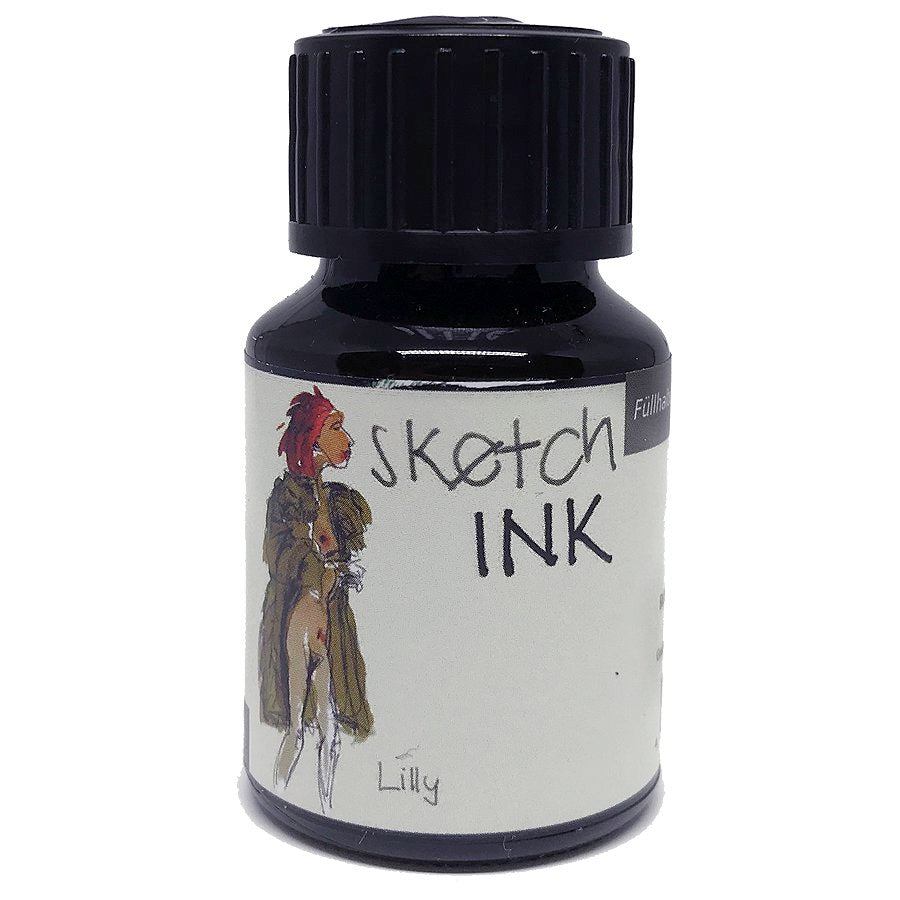 SketchINK - Lilly (2ml) is a small ink bottle with a black cap, featuring a sketch of a figure on the label. Ideal for artists' pen-and-ink work.