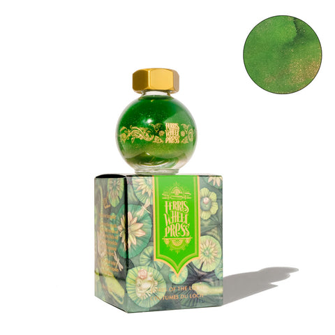 Ferris Wheel Press Bestiary Series - Lores of the Loch (Shimmer) - 20ml fountain pen ink in an orb-shaped glass bottle with gold cap, featuring vibrant green with gold shimmer.