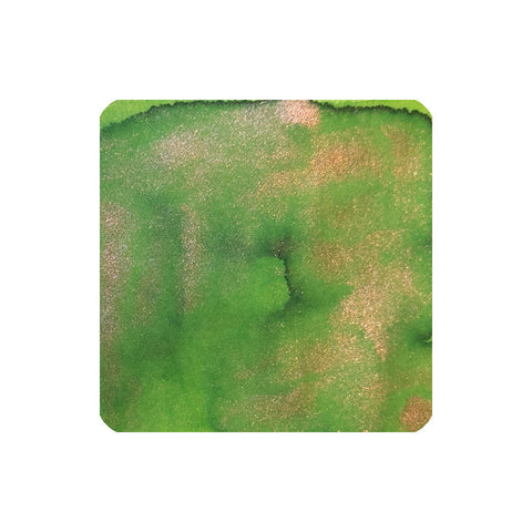 Ferris Wheel Press Bestiary Series - Lores of the Loch (Shimmer) fountain pen ink, 20ml. Abstract green watercolor with metallic rose gold shimmer.