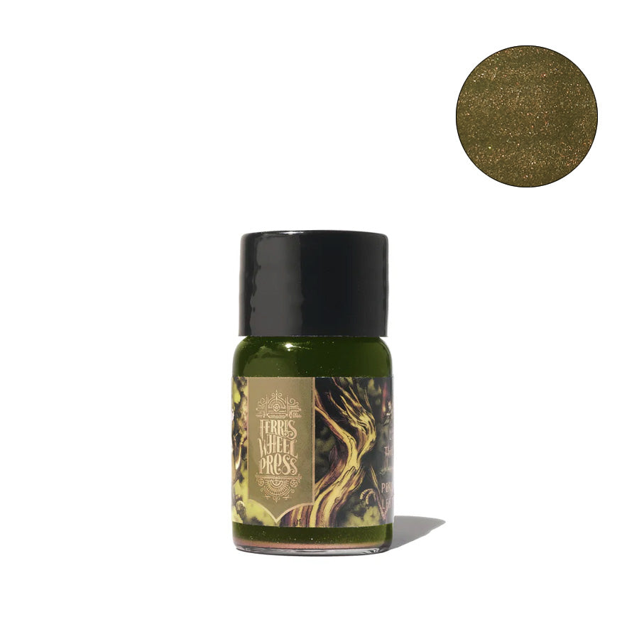 Ferris Wheel Press Bestiary Series - Lost in the Leaves (Shimmer) fountain pen ink, 10ml glass bottle, showcasing shimmering moss-green/brown ink with rose gold sparkle.