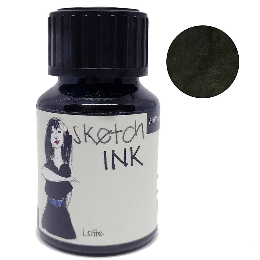 SketchINK - Lotte (50ml) bottle with Sketch INK label, showing dark olive-green ink swatch, highlighting its pigment-based, waterproof qualities for fountain pens and painting.