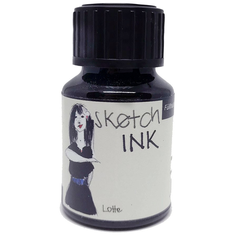 SketchINK - Lotte (2ml) bottle with Sketch INK label, featuring a woman's illustration. Pigment-based, waterproof ink ideal for sketching and fountain pens.