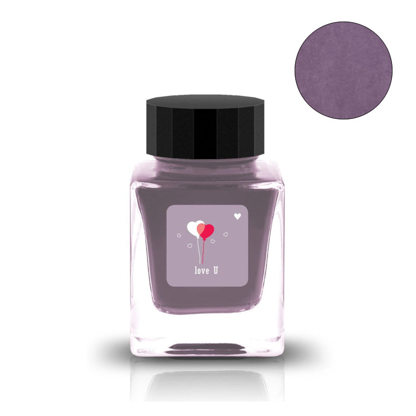 Tono & Lims Love U 30ml fountain pen ink in a square glass bottle, featuring a black cap and heart balloon label, showcasing a mauve dye-based ink.