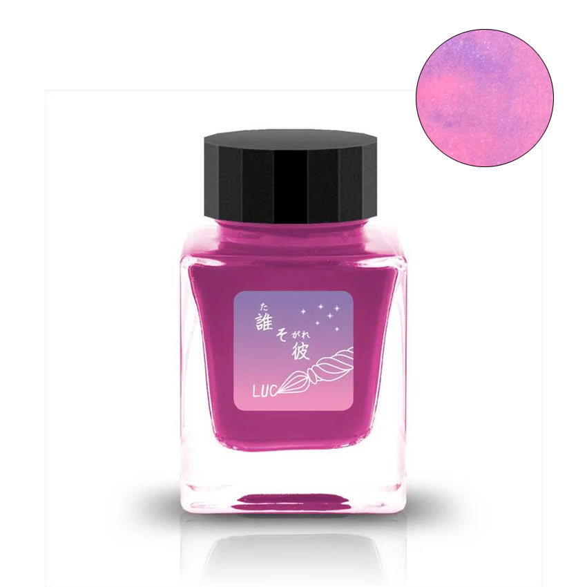 LUC Tasokare 2ml Ink Sample: Square glass bottle with vivid magenta ink, black cap, Japanese label; includes circular ink swatch showing true hue.