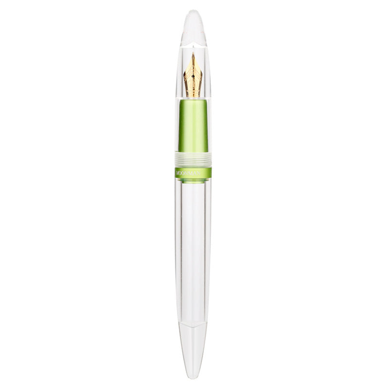 Moonman M2 Plus (Green) - Fine fountain pen features a clear body, green grip, gold-tone nib, and transparent barrel for visible ink levels.