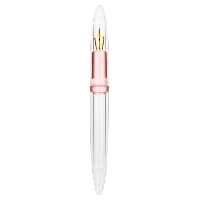 M2 Plus (Pink) - Fine by Moonman is a clear-barrel fountain pen with a rose-gold metal section and gold-colored nib, ideal for ink visibility and easy cleaning.