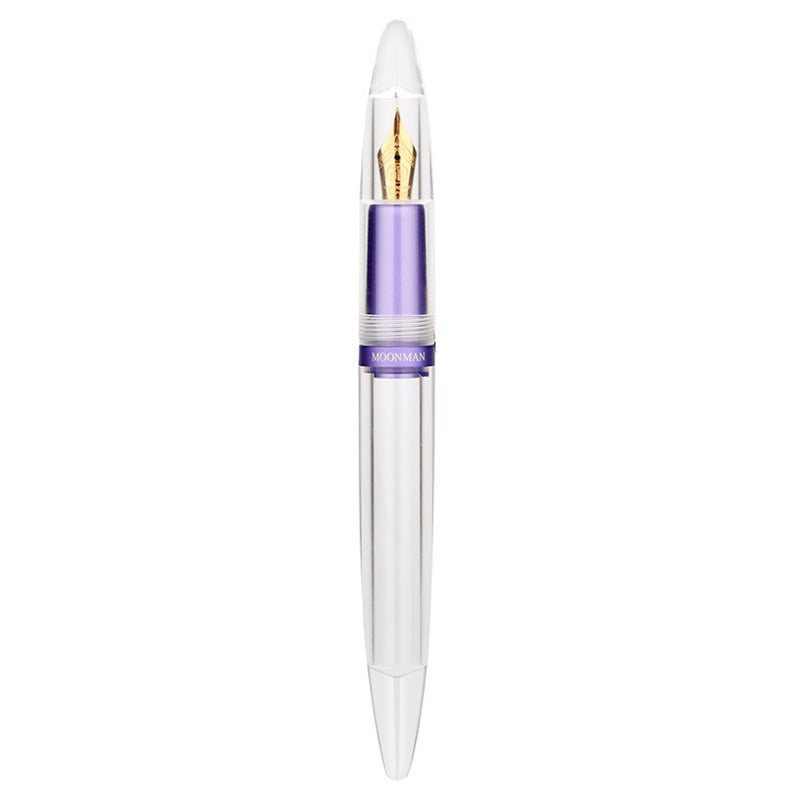Moonman M2 Plus (Purple) - Fine fountain pen with clear barrel and gold-tone nib, showcasing a transparent design with purple grip.
