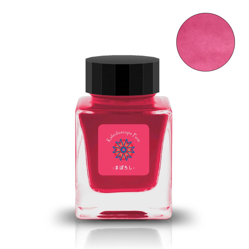 Tono & Lims Maboroshi まぼろし fountain pen ink in a 30ml square glass bottle, showcasing its vivid pink/red hue with an ink swatch.