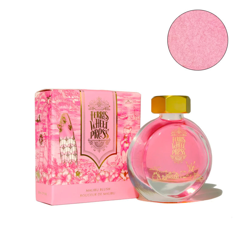Ferris Wheel Press Malibu Blush fountain pen ink, 38ml round glass bottle with gold cap and pink floral box, designed for smooth writing.