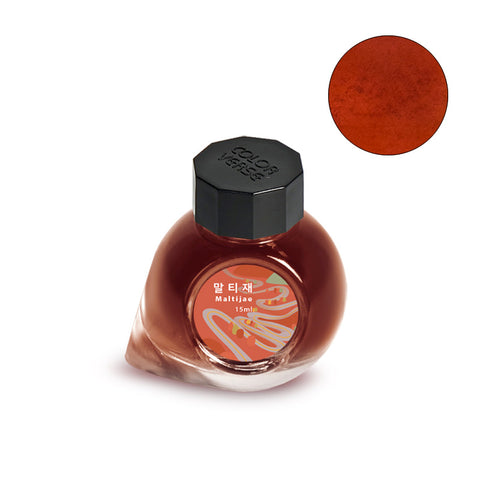 Colorverse Project Ink No.062 Maltijae - 15ml, a glass bottle of red-orange fountain pen ink, shown with a warm rust-red swatch, ideal for smooth writing.