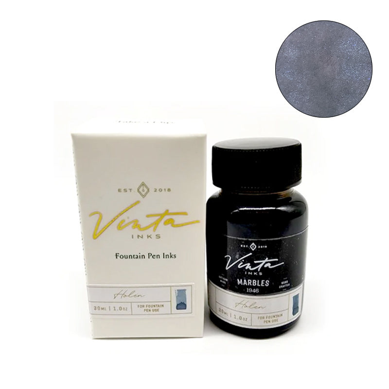 Vinta Inks Marbles (Holen 1946) - 30ml bottle, with box, features steely gray/blue fountain pen ink with silvery shimmer, inspired by Filipino marble games.