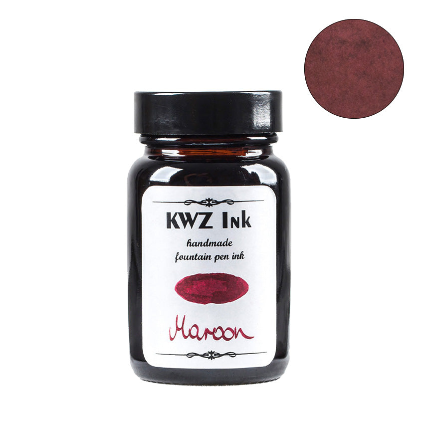 KWZ Ink Maroon - 60ml, a handmade fountain pen ink in an amber-glass bottle, shown with a maroon color swatch, ideal for writing enthusiasts.