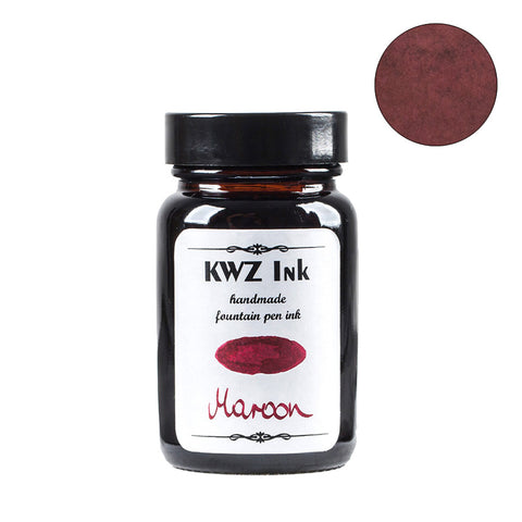 KWZ Ink Maroon - 60ml, a handmade fountain pen ink in an amber-glass bottle, shown with a maroon color swatch, ideal for writing enthusiasts.