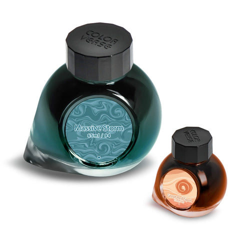 Colorverse Massive Storm fountain pen ink, 2ml sample, from Desk Bandit. Pictured with companion Great Red Spot, showcasing quality Korean dye-based inks for smooth writing.