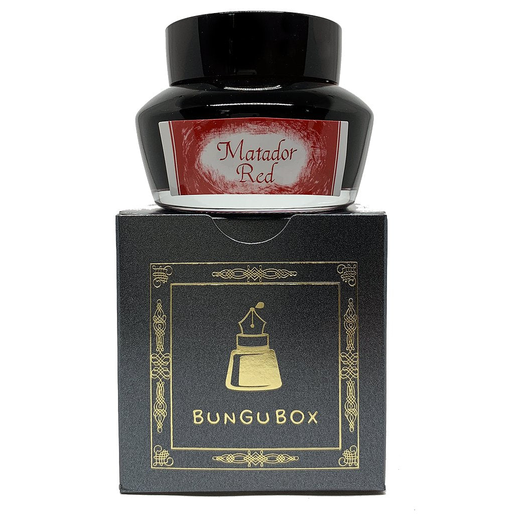 Bottle of Matador Red - 50ml fountain-pen ink sits atop its decorative Bungubox box, showcasing the brand's collaboration with Sailor Japan.