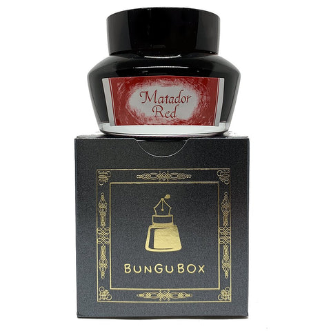 Bottle of Matador Red - 50ml fountain-pen ink sits atop its decorative Bungubox box, showcasing the brand's collaboration with Sailor Japan.