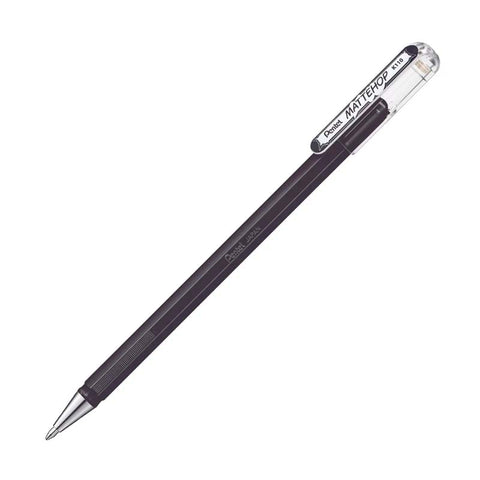 Pentel Mattehop Gel Pen 1.0mm - Matte Black with a slim, hexagonal matte-black barrel, metal tip, and clear plastic cap with eraser.