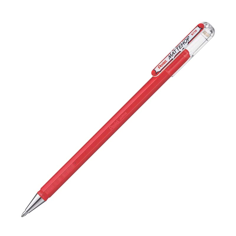 Pentel Mattehop Gel Pen 1.0mm - Matte Red, featuring a slim hexagonal barrel, metal tip, and clear cap with clip, ideal for varied paper types.