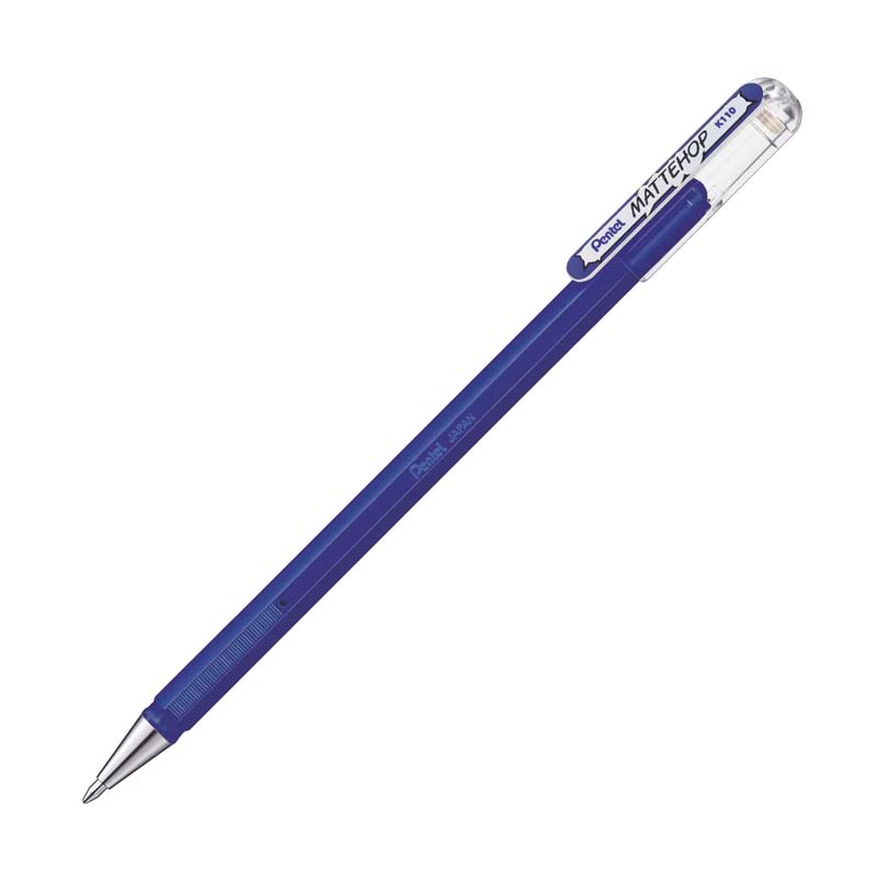 Pentel Mattehop Gel Pen 1.0mm - Matte Blue, featuring a clear cap over the eraser. Ideal for versatile writing on various papers, including Polaroids and Instax.