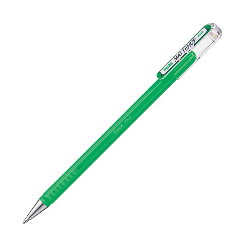 Pentel Mattehop Gel Pen 1.0mm in Matte Green, featuring a metal tip and clear plastic cap, ideal for versatile writing on various paper types.