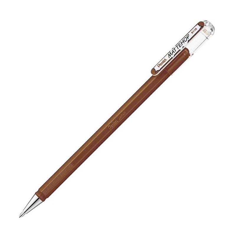 Pentel Mattehop Gel Pen 1.0mm in matte brown, featuring a slim design with a clear snap-on cap over the eraser, perfect for versatile writing tasks.