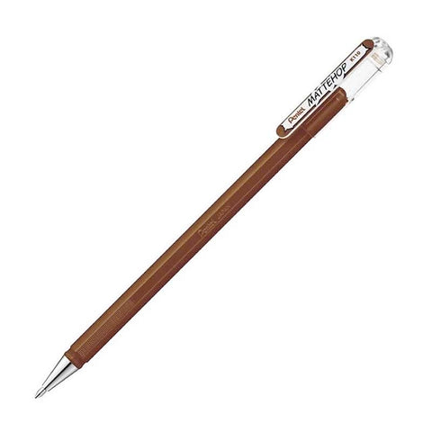 Pentel Mattehop Gel Pen 1.0mm in matte brown, featuring a slim design with a clear snap-on cap over the eraser, perfect for versatile writing tasks.