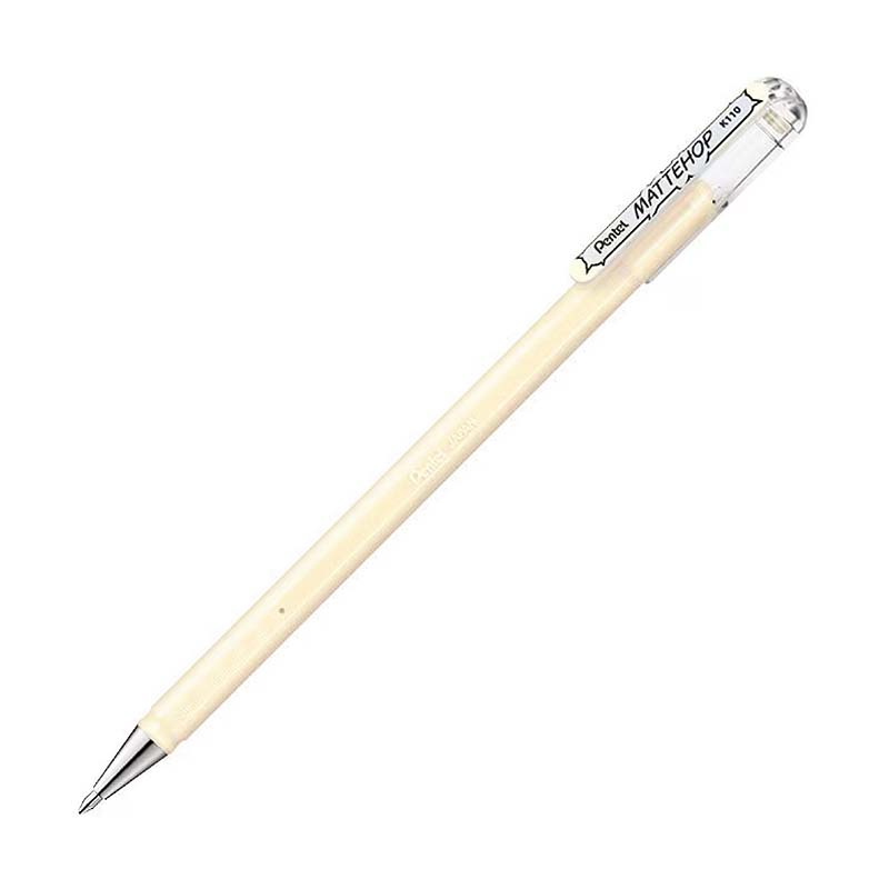 Pentel Mattehop Gel Pen 1.0mm in Matte Ivory White with a slim design and clear cap, ideal for versatile writing on various paper types.