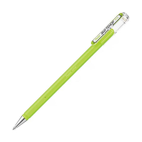 Pentel Mattehop Gel Pen 1.0mm in Matte Yellow-Green, featuring a lime-green body, metal tip, and clear plastic clip with eraser cap.