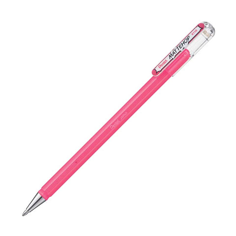 Pentel Mattehop Gel Pen 1.0mm - Matte Pink, featuring a slim design with a clear cap and metal tip, ideal for versatile writing on various paper types.