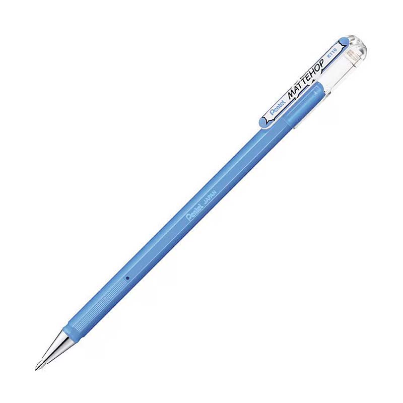 Pentel Mattehop Gel Pen 1.0mm in Matte Sky Blue, featuring a slim design with a built-in eraser under the cap and a metal tip for precise drafting.