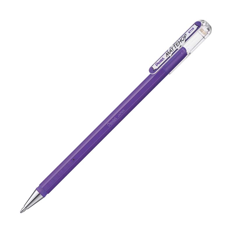 Pentel Mattehop Gel Pen 1.0mm - Matte Violet features a hexagonal barrel, metal tip, and clear eraser cap, ideal for diverse paper types.