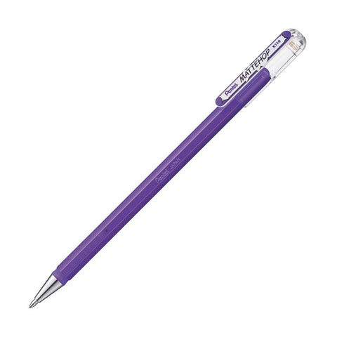Pentel Mattehop Gel Pen 1.0mm - Matte Violet features a hexagonal barrel, metal tip, and clear eraser cap, ideal for diverse paper types.