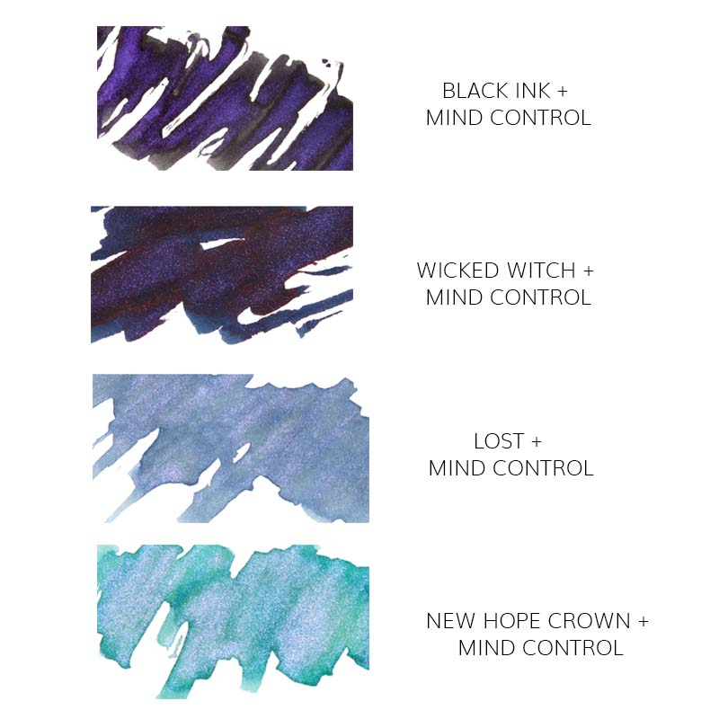 Wearingeul Mind Control (Wizard of Oz) Glitter Potion - 10ml, shimmer fountain pen ink swatches showing color variations when mixed with black, green, and blue inks.