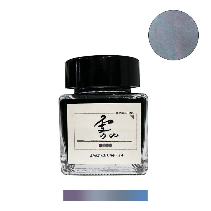 Misty Mountain - 25ml gradient fountain pen ink in a square glass jar by Collection Traced, featuring a color shift from purplish to blue tones.