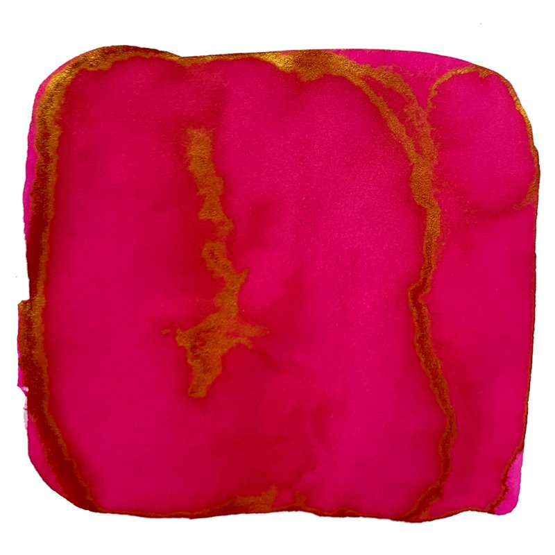 Momo - 2ml ink sample: hot-pink with metallic-gold sheen, abstractly displayed as a square swatch, highlighting Taccia's Japanese-inspired color purity.