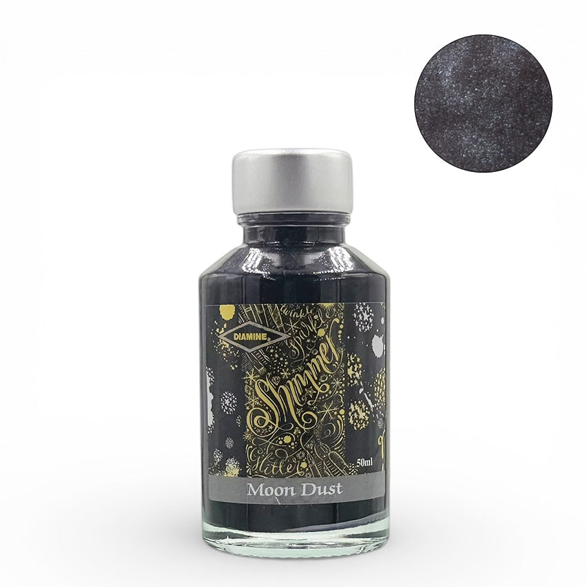 Moon Dust (Shimmer) - 50ml Diamine fountain pen ink with silvery shimmer, ideal for vintage pens; acid-free and vegan-friendly.