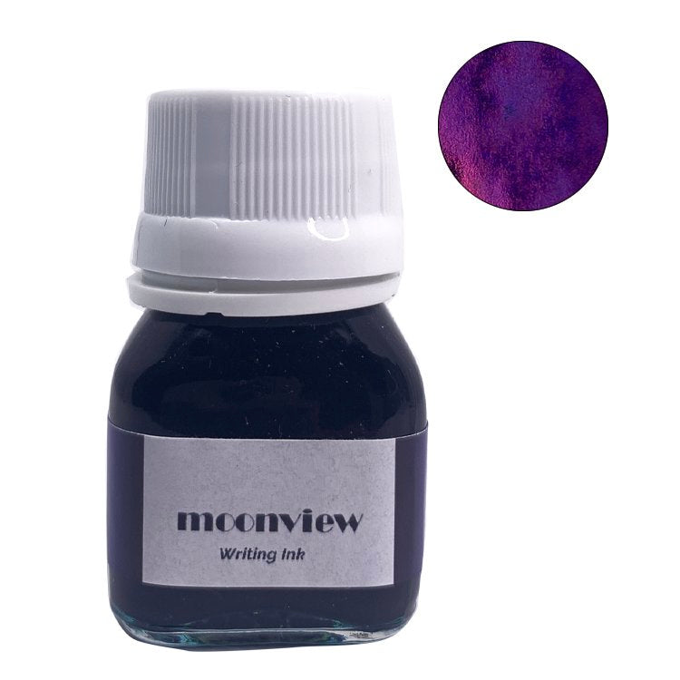 Moonview - 20ml glass bottle of Krishna Inks writing ink with a white cap, featuring a deep, shimmery purple swatch and label displaying the brand name.