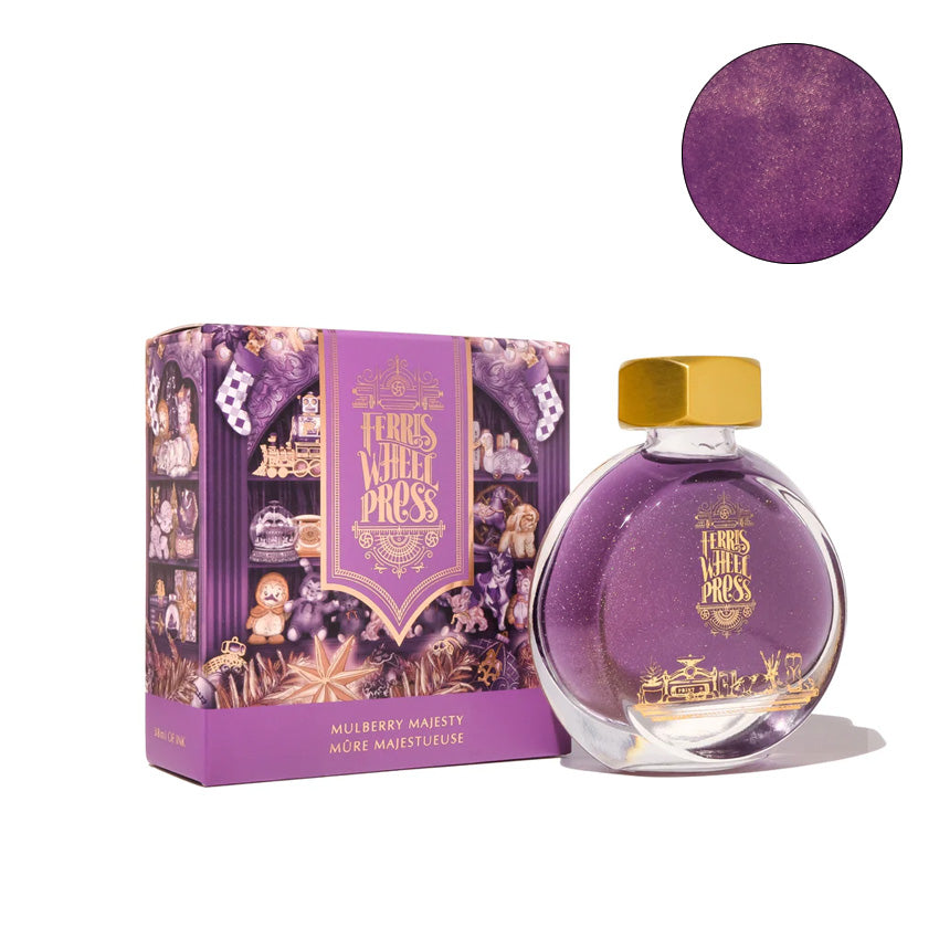 Ferris Wheel Press Mulberry Majesty (Shimmer) - 38ml fountain pen ink in a round glass bottle with gold cap and ornate branding, featuring a rich purple with gold shimmer.