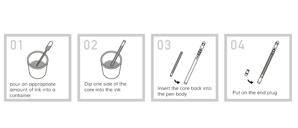 DIY Pens 0.3mm/EF (Set of 3) by Teranishi, shown in a four-step diagram for refilling ink cores with fountain pen ink, ideal for everyday use.